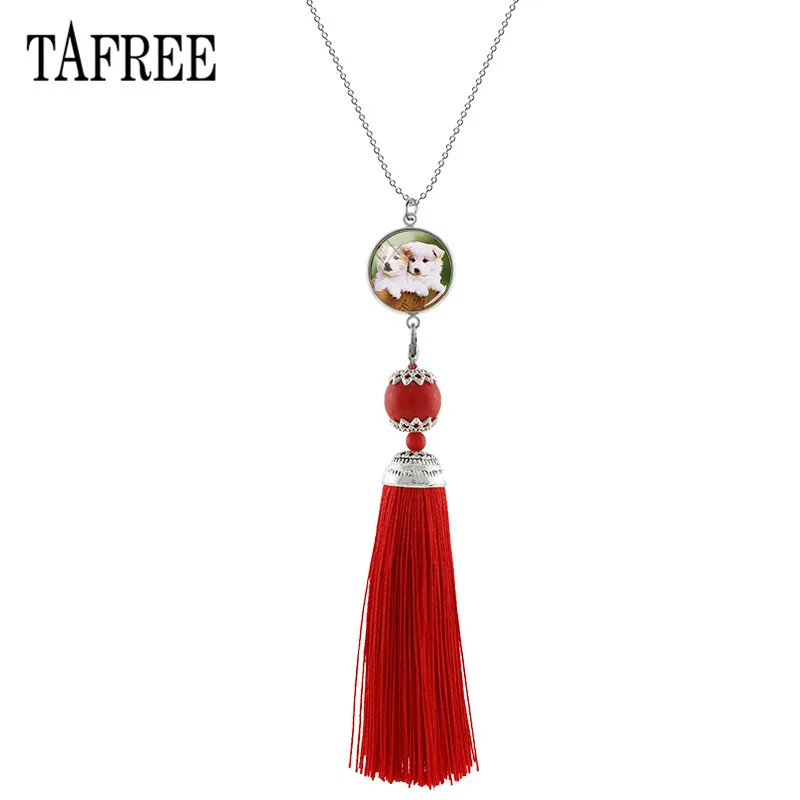

TAFREE Lovely Pet Dog Glass Gems Charms Necklaces Long Red Tassel Pendant Female Necklace Sweater Chain Statement Jewelry N972