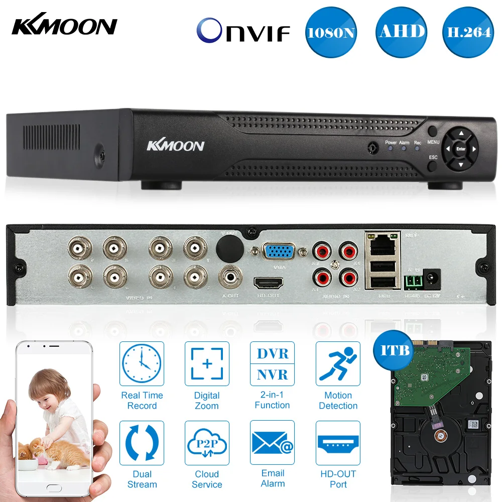 KKmoon Full 1080N/720P 8CH AHD DVR NVR+ 1 ТБ Seagate HDD HDMI P2P Onvif PNP 8CH AHD DVR рекордер для камера видеонаблюдения системы безопасности