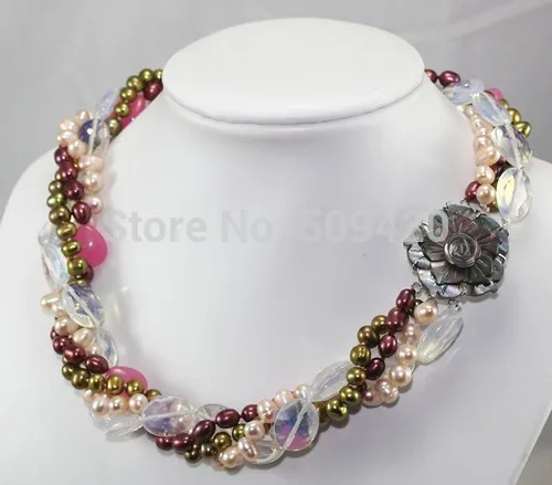 

Free Shipping >4Strands Multicolor Akoya Cultured Pearl&Moonstone Necklace Shell Flower