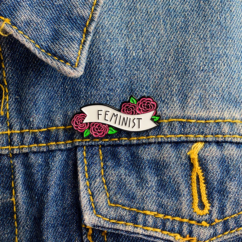 Feminist enamel pin girl power pins brooch flower badge