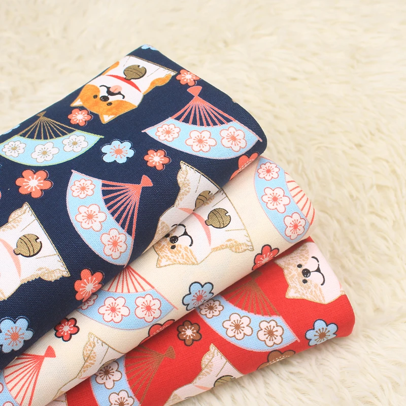

Original Design 3 Colors Gold Metallic Japanese Shiba Inu Dog,Japanese Fan,Sakura Print Cotton Linen Fabric/(Width:43"/110cm)