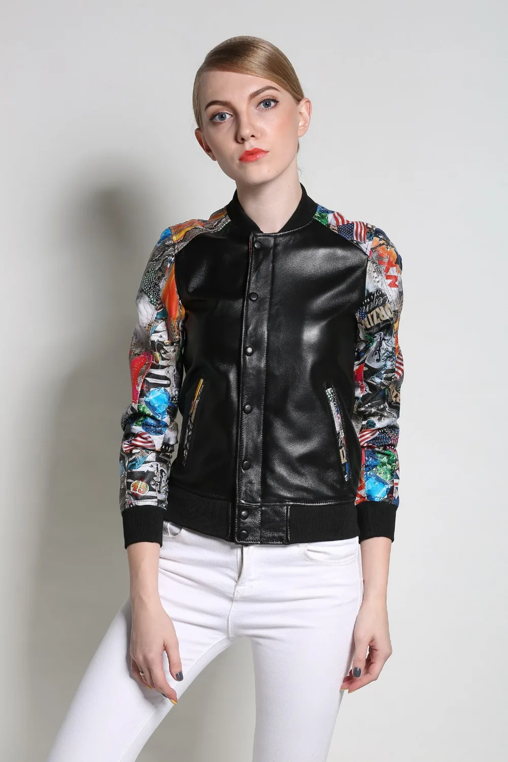 

2019 New fashion Women Real leather jackets and coats Printed Genuine leather jacket Spring autumn black S-XXL sheepskin coat