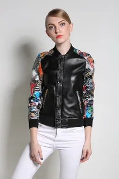 

2019 New fashion Women Real leather jackets and coats Printed Genuine leather jacket Spring autumn black S-XXL sheepskin coat