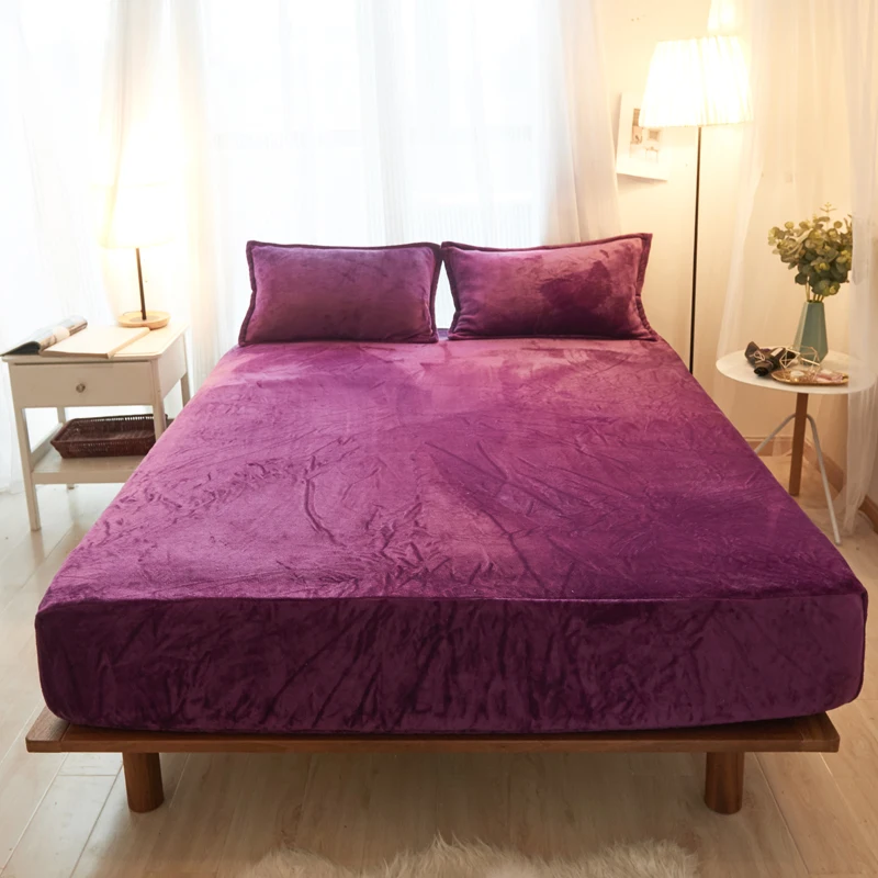 3Pcs Lavender Solid Color Polyester Flannel Fabric Solid Fitted Sheet Mattress Cover Four Corners With Elastic Band Bed Sheet