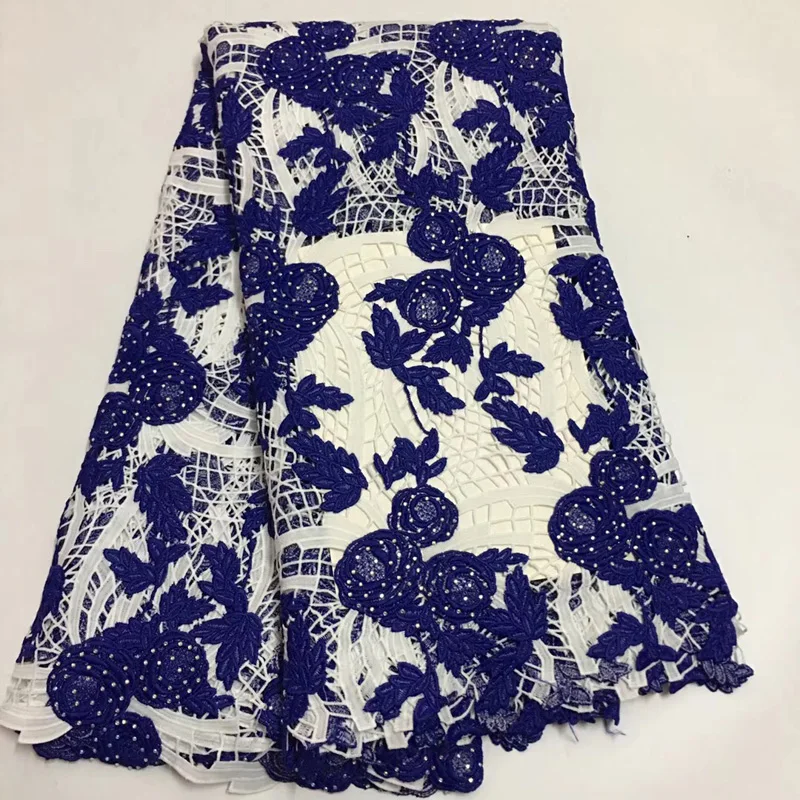 

(5yards/pc) beautiful African big cord lace fabric royal blue and white guipure lace fabric with stones for party dress WLE07