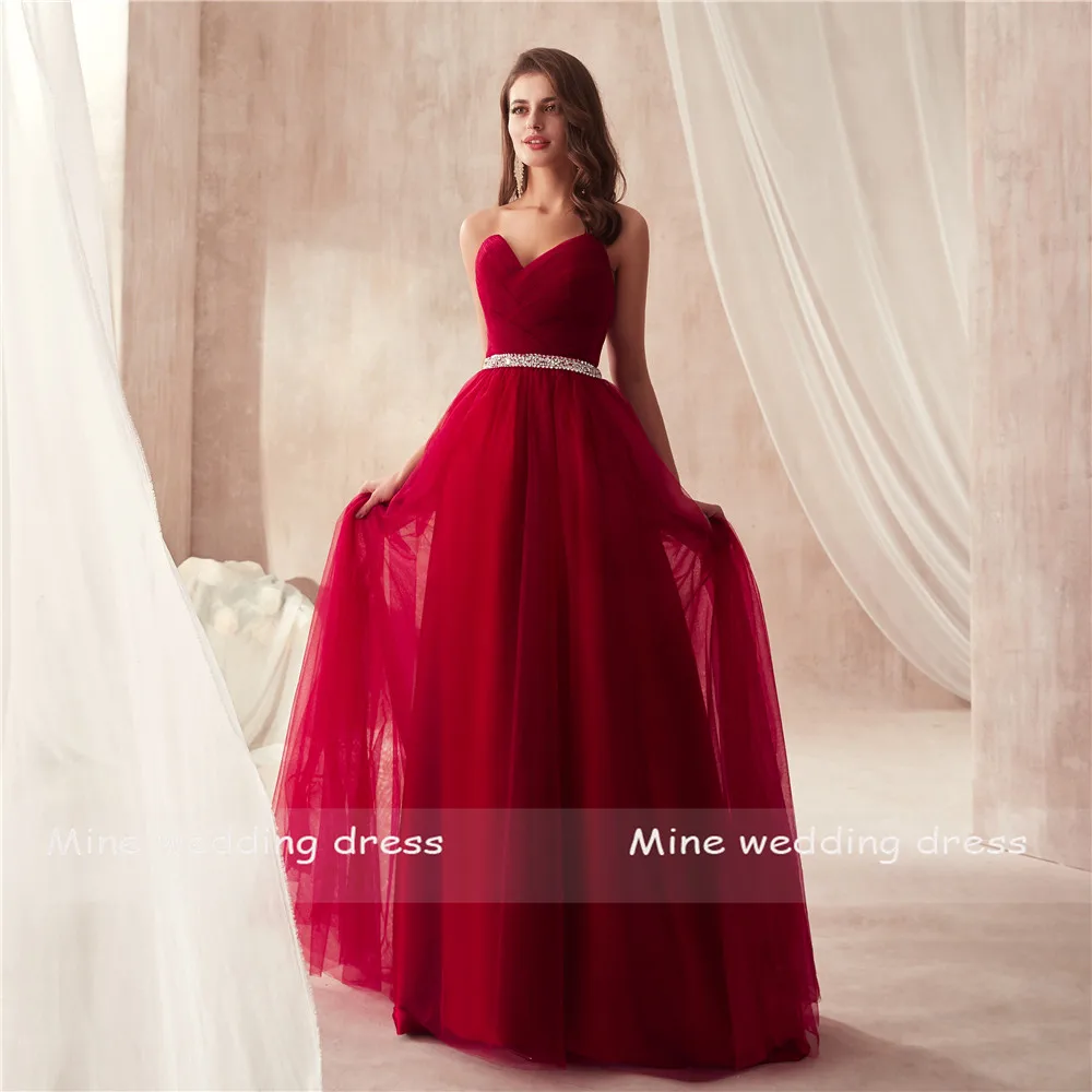Элегантное бордовое Тюлевое платье для выпускного вечера для женщин для свадебной вечеринки лиф с сердечком с рюшами бисер створки Длинные платья Вечерние платья