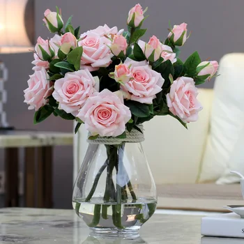 

2 Heads/bouquet Luxury Elegant Artificial Flowers Real Touch Vivid Roses Fake Silk Flowers Bride Wedding Decoration Home A1155