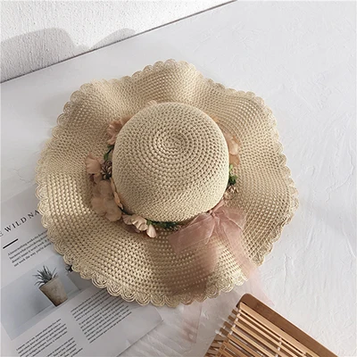 Европейская летняя пляжная шляпа шляпы Женские однотонные универсальные Плетеная соломенная шляпа сплайсированные сладкие цветочные широкие шляпы повседневные складные 55 см