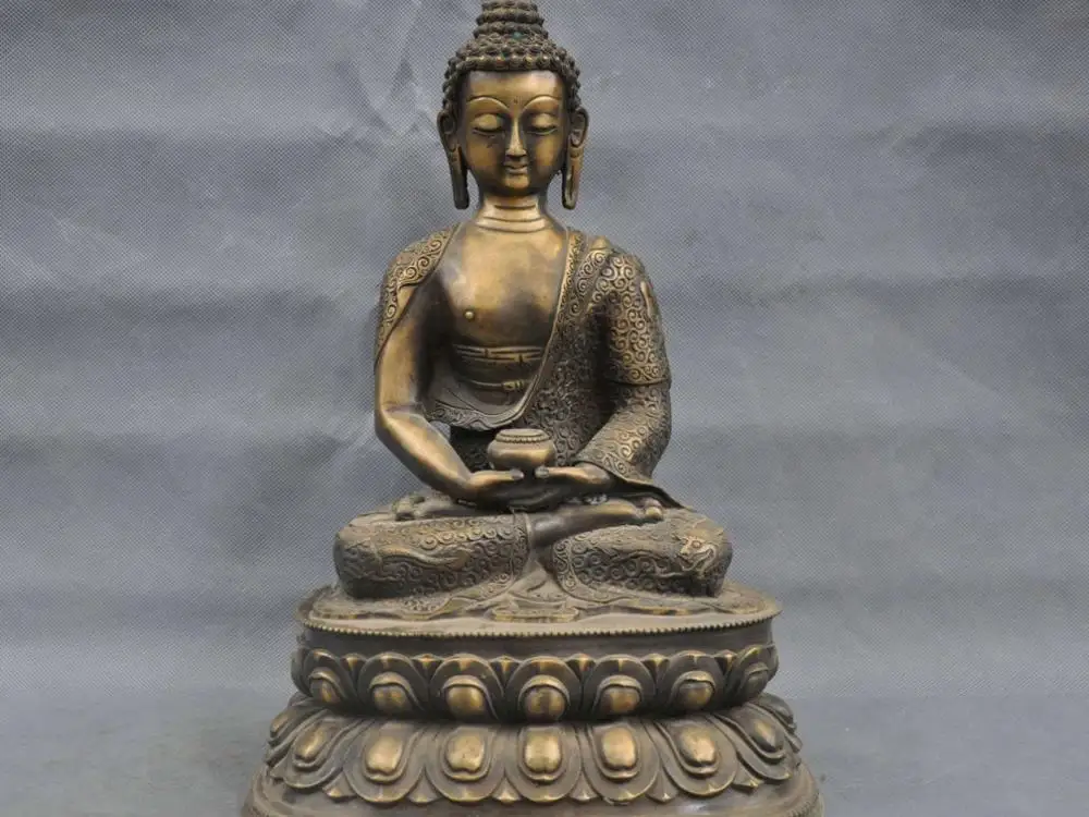 

14'' China Tibetan Bronze Amitabha Buddha Shakyamuni Carve Dragon Statue