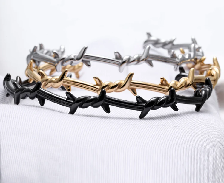 

Men Bangle Open Cuff Twist Thorns Wire Pulsera Titanium Steel Geometric Bracelet Bangles 16-20cm Barbed Jewelry