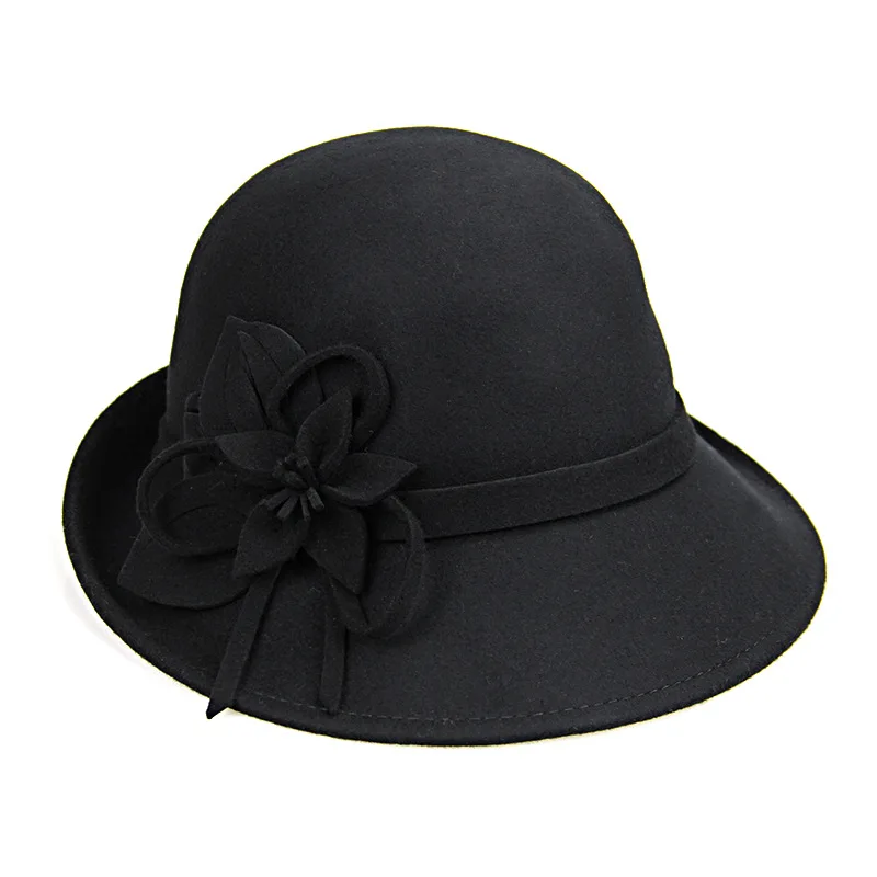 Фибоначчи осень зима Трилби шляпа женские фетровые шерстяные фетровые купольные Цветочные котелок женские фетровые шляпы - Цвет: Черный