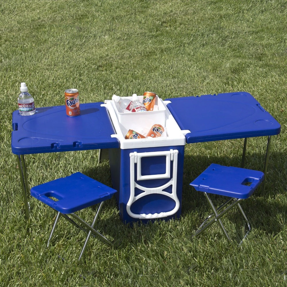 Multi Function Rolling Cooler Picnic Camping Outdoor w/ Table & 2 Chairs Blue