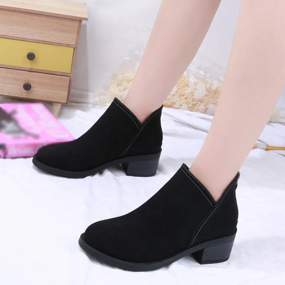 

Women Square Heel Keep Warm Shoes Suede Martain Boot Pure Color Round Toe Shoes