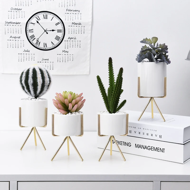 

Nordic ins Ceramic Flower Planters with Iron Shelf Hole Succulent Plant Pot Flower Vase Home Garden Decor