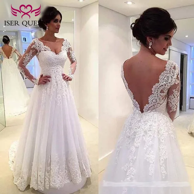 White Embroidery A Line Lace Wedding Dresses 2018 Long Sleeve White Embroidery A Line Lace Wedding Dresses 2018 Long Sleeve Backless Plus Size Short Train Europe