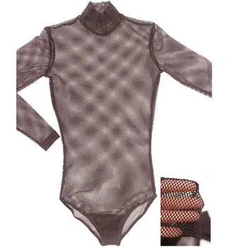 

Women Lady Sexy Leotard Perspective Mesh Hollow See Through long-sleeved High-necked One Piece