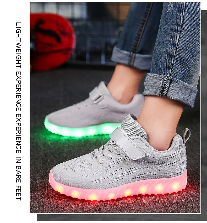 Осень детская обувь со светодиодной подсветкой; дышащая модная светильник кроссовки на шнуровке с зарядка через usb для маленьких мальчиков/девочек повседневная обувь с подсветкой для детей