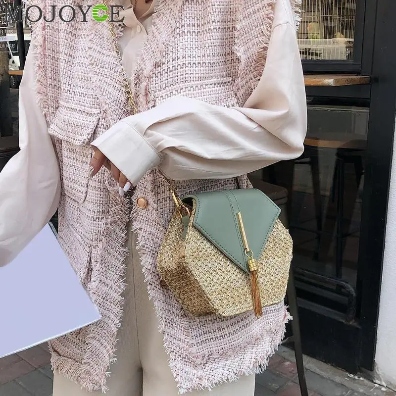 

Hexagon Multi Style Straw+leather Handbag Women Summer Rattan Bag Handmade Woven Beach Circle Bohemia bolsa feminina Shoulder B
