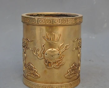 

Chinese pure Brass fengshui Animal Kirin Kylin Statue brush pot pencil vase