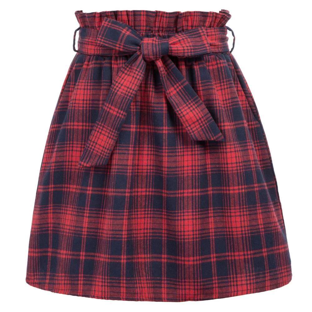 

vintage skirts Womens ladies Casual Elastic Waist Belt Pockets sashes grid Plaid mini short swing skater school A-Line Skirt