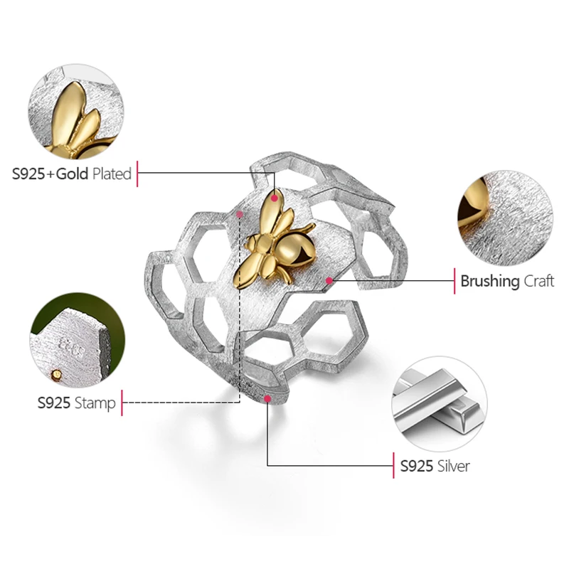 Lotus Fun Genuine 925 Sterling Silver Rings for Women Geometric Honeycomb Bee Open Adjustable Ring silver 925 jewelry Girl Gifts
