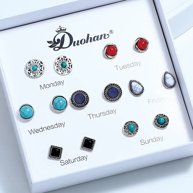 

2019 Aros Money-exploding Weekly Ear Nail Temperament Combination Set Euro-american Retro Turquoise Geometric Earrings Gift Box