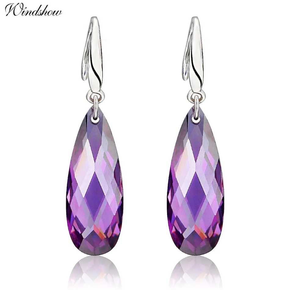 Real 925 Sterling Silver Hook Long Teardrop Purple Crystal Drop Dangle
