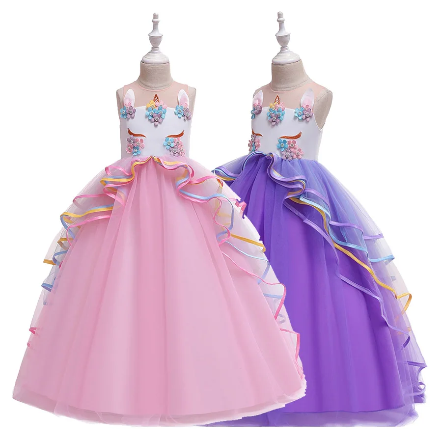

Girls Unicorn Dress Kids Floral Communion Unicorn Ball Gown Floor Length Children's Evening Party Long Tulle Tiered Dresses Tutu