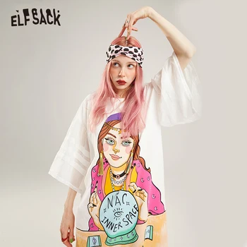 

ELF SACK Fashion Print Cotton White Women Holiday Dress Casual O-Neck Tassel Female Dresses Summer Streetwear Oversize Clothing