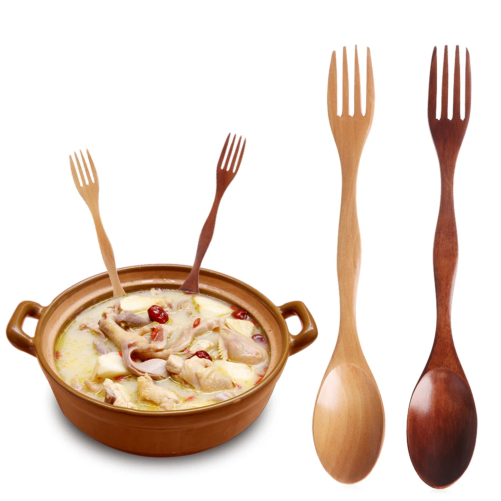 High Quality 2 in1 Natural Wood Spoon Forks Set Cutlery Dual Head Soup