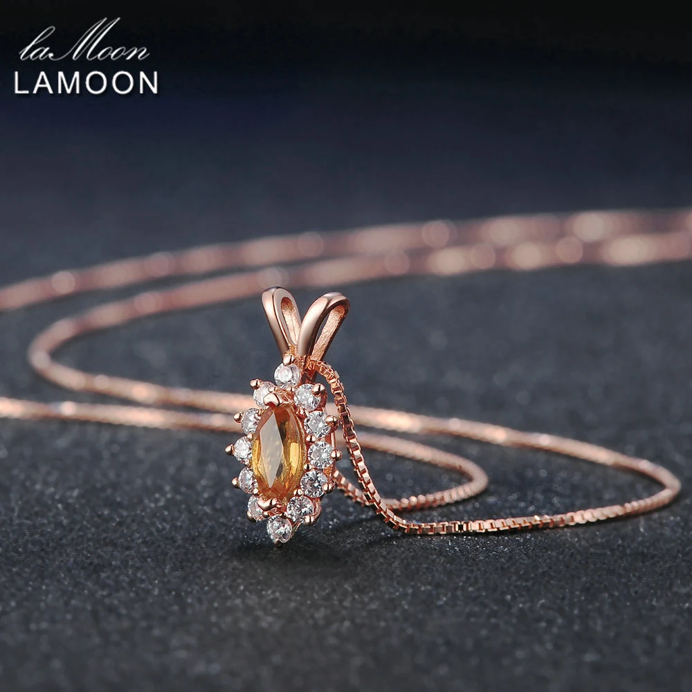 LAMOON Amber Pendant Necklace 925 Sterling Silver Fine Jewelry Horse Eye Shape Natural Citrine Women Pendants Necklaces Collares