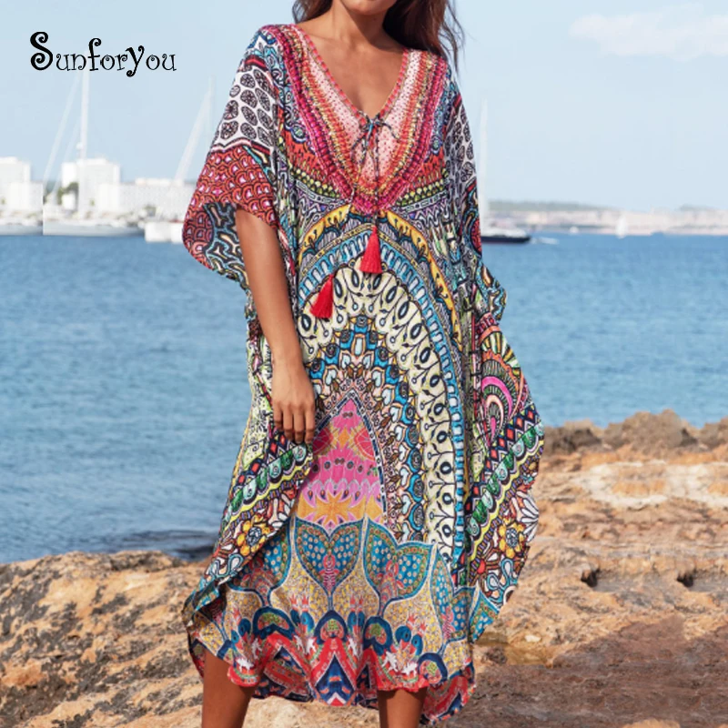

Plus size Print Beach Dress Robe de Plage Swimsuit Cover up Pareos de Playa Mujer Bathing suit Cover ups Sarong Tunic for Beach