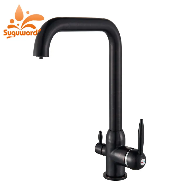 

Suguword Oil Rubbed Bronze Kitchen Faucet Deck Mounted Dual Handle Mixer Tap Ceramic Valve Hot and Cold Water Switch