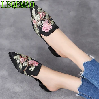 

Big size 42 New 2019 embroidery flowers Women Sandals Pointed toe Flat slippers shoes Women Shoes Low-heeled Flip Flops