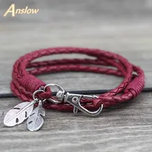 Anslow Wholesale Fashion Jewelry Leather Charm Friendship Bracelets Bangles Feather Bracelet For Women Men12 Colors LOW0172LB