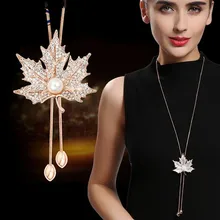 Милое длинное ожерелье-цепочка с искусственным жемчугом и кленовыми листьями, винтажное ожерелье с кристаллами