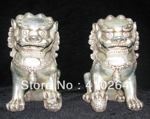 

Chinese old Tibetan silver carved pair foo dog lion statue