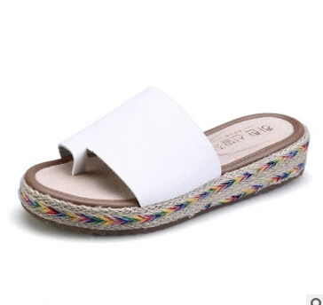 Г. летняя обувь на плоской подошве женские шлепанцы из натуральной кожи с открытым носком разноцветные сандалии на каблуке из конопли, плетение из Веревки женские вьетнамки - Цвет: white