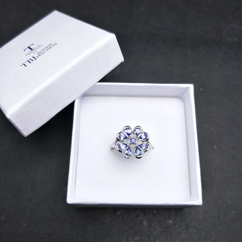 TBJ, цветок настоящий Синий танзанит драгоценный камень кольцо из стерлингового серебра 925 пробы ювелирные украшения для женщин жена мать подарок на день