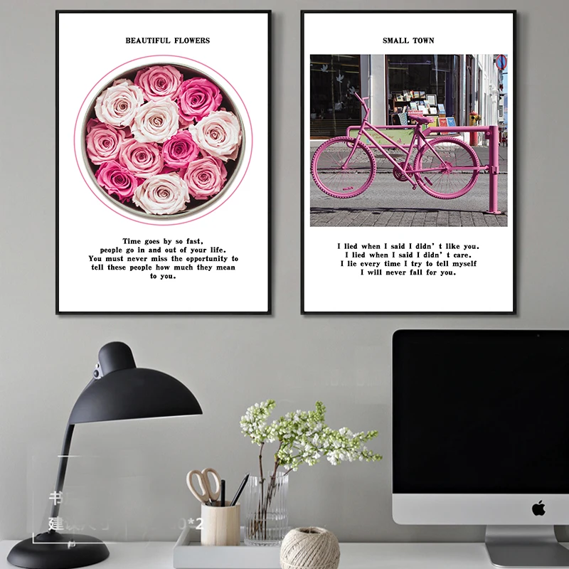 

Wall Art Picture Small Town Pink Bicycle Fresh Rose Landscape Painting Art Print Poster Living Room Coffee Home Decor Background
