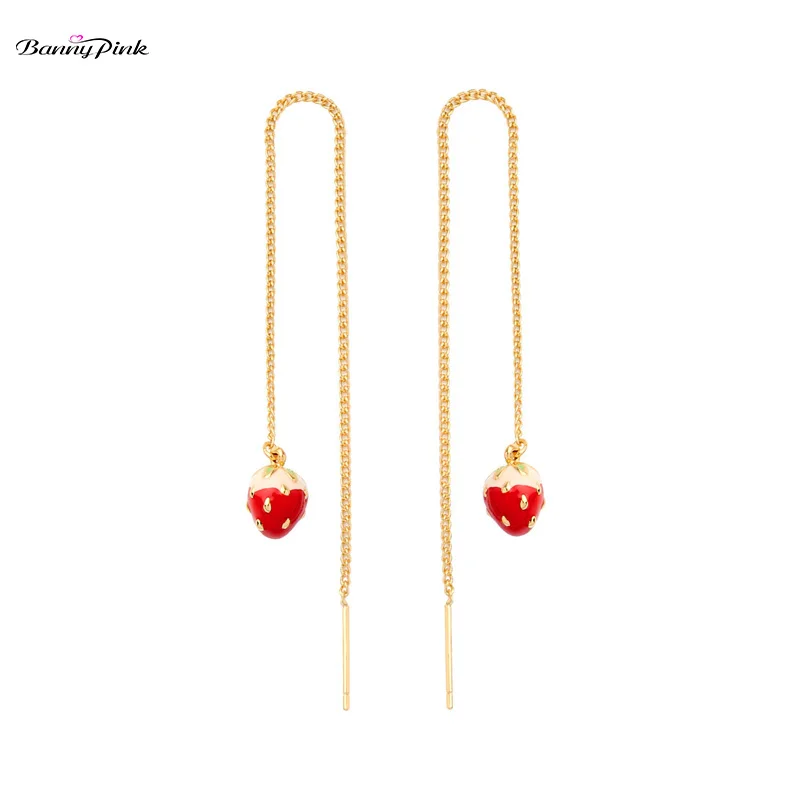 

Banny Pink Cute Long Copper Chain Ear Line Dangle Earrings For Women Sweet Enamel Strawberry Drop Earrings Long Pendant Earrings