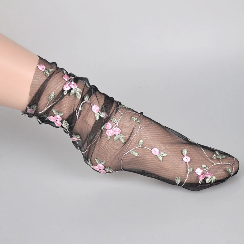 Новое поступление женские прозрачные тонкие розы цветок кружева носки Хрустальные стеклянные шелковые короткие носки