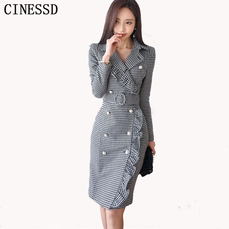 

CINESSD Sexy OL Office Dress Bodycon Dress Women 2019 Spring temperament Double-Breasted Notched Neck Work Dress Vestidos