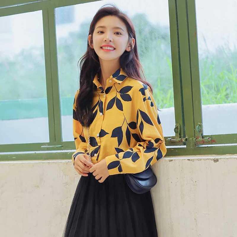 

Vintage Leaf Printed Shirts Women 2019 New Long Sleeve Blouse Good Quality Cotton Blouse Loose Casual Lapel Tops Blusa Feminina