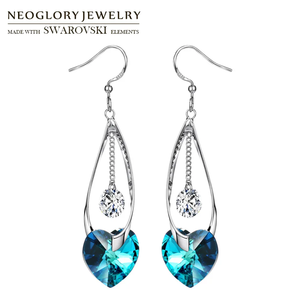 

Neoglory Austria Crystal & Zircon Long Dangle Earrings Romantic Blue Heart Design For Luxuriant Party Exquisite Classic Lady