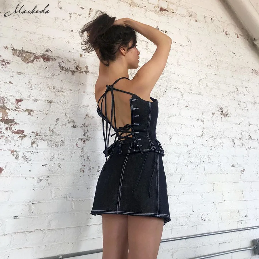 Macheda 2 Piece Set Summer Women Clothes Outfits Sexy Back Hollow Out Lace Up Crop Top And Short Skirts Casual Lady Suit