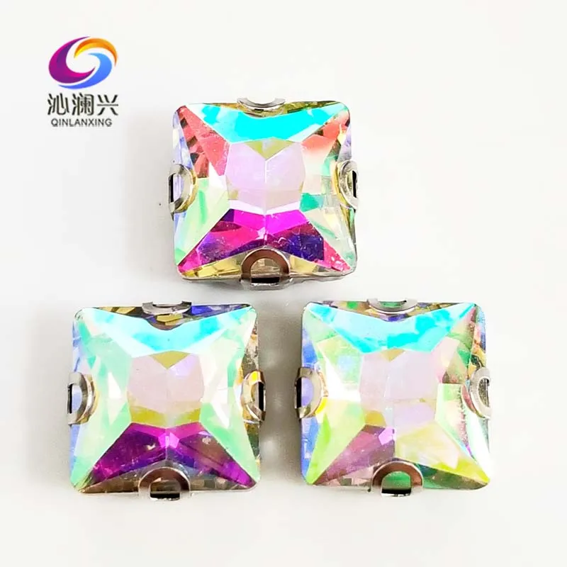 

AB color square top quality Glass Crystal sew on stones with holes,Anti hook D shape claw rhinestone,Diy/Clothing accessories