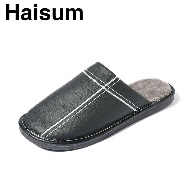 

Men's Slippers Winter genuine Leather Thick With Plush Home Indoor Non-slip Thermal Slippers 2018 New Hot Sale YQ001