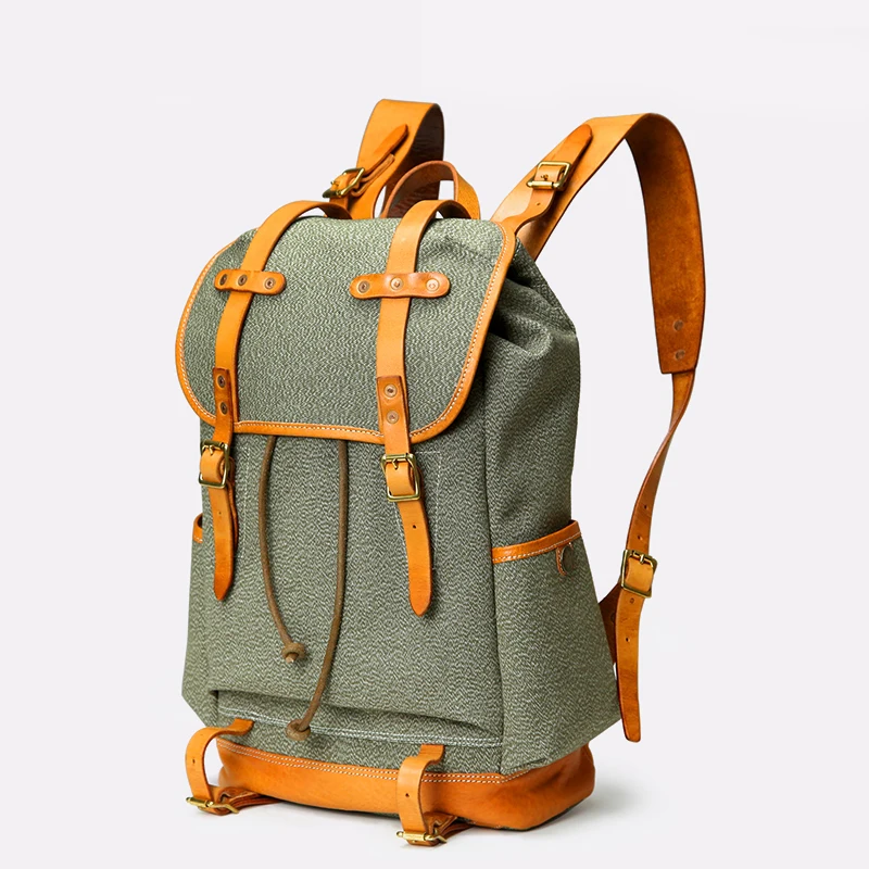 

The Second World War Retro Shoulder Bag Engraved with Pepper Salt Leather Men Backpack Outdoor Canvas Traveling Computer Bag