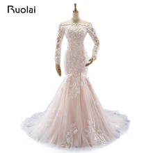 Real Picture Blush Wedding Dresses Long Sleeve Off the Shoulder Beaded Lace Mermaid Wedding Gown Bridal Robe de Mariage FW64